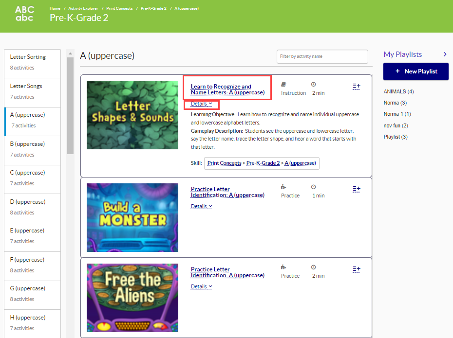 Previewing activities in the Activity Explorer in Imagine Language & Literacy Imagine Learning