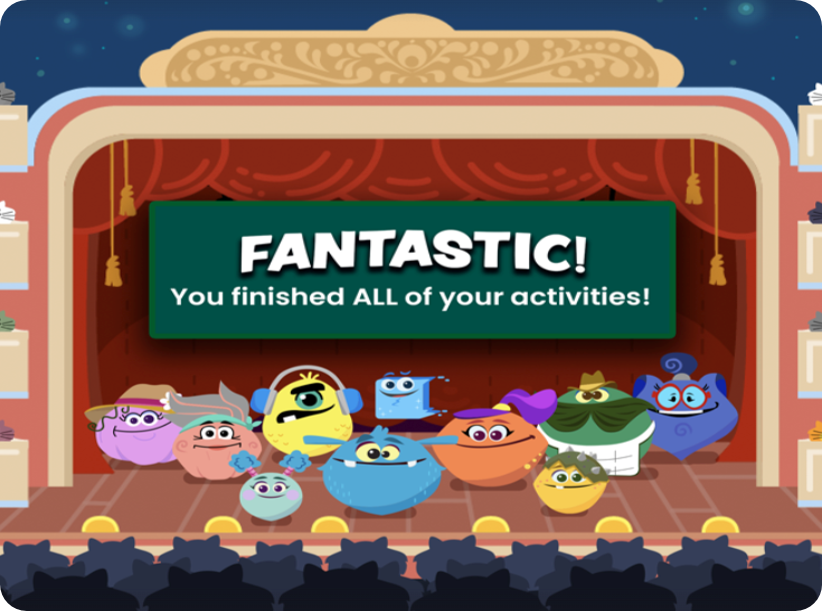 A cartoon character on a stage

Description automatically generated