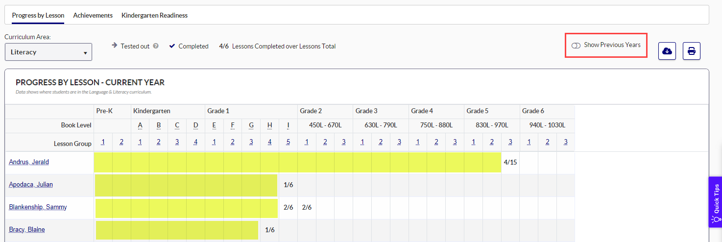 blank cells Progress by Lesson report.png