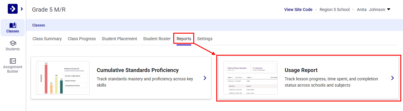 Select Usage Report tab