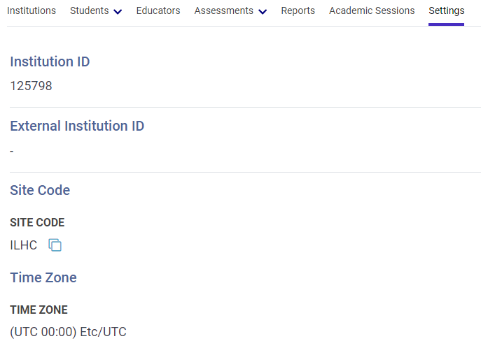 Settings screen showing Institution ID, External Institution ID, Site Code, and Time Zone