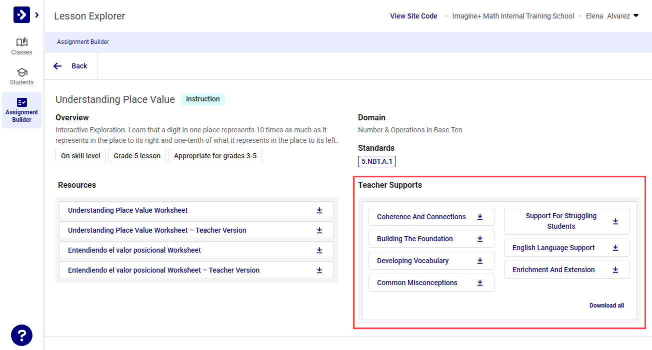 Lesson details page showing Teacher Supports