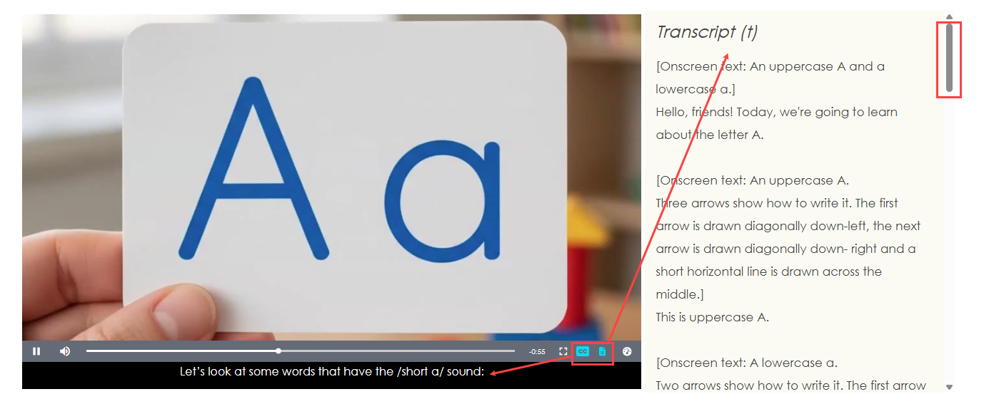 CC and transcript on fully accessible grade K video.png