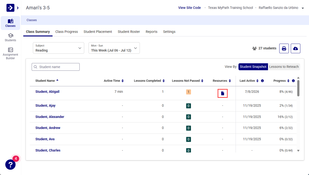 File icon in the Resources column on the Student Snapshot tab