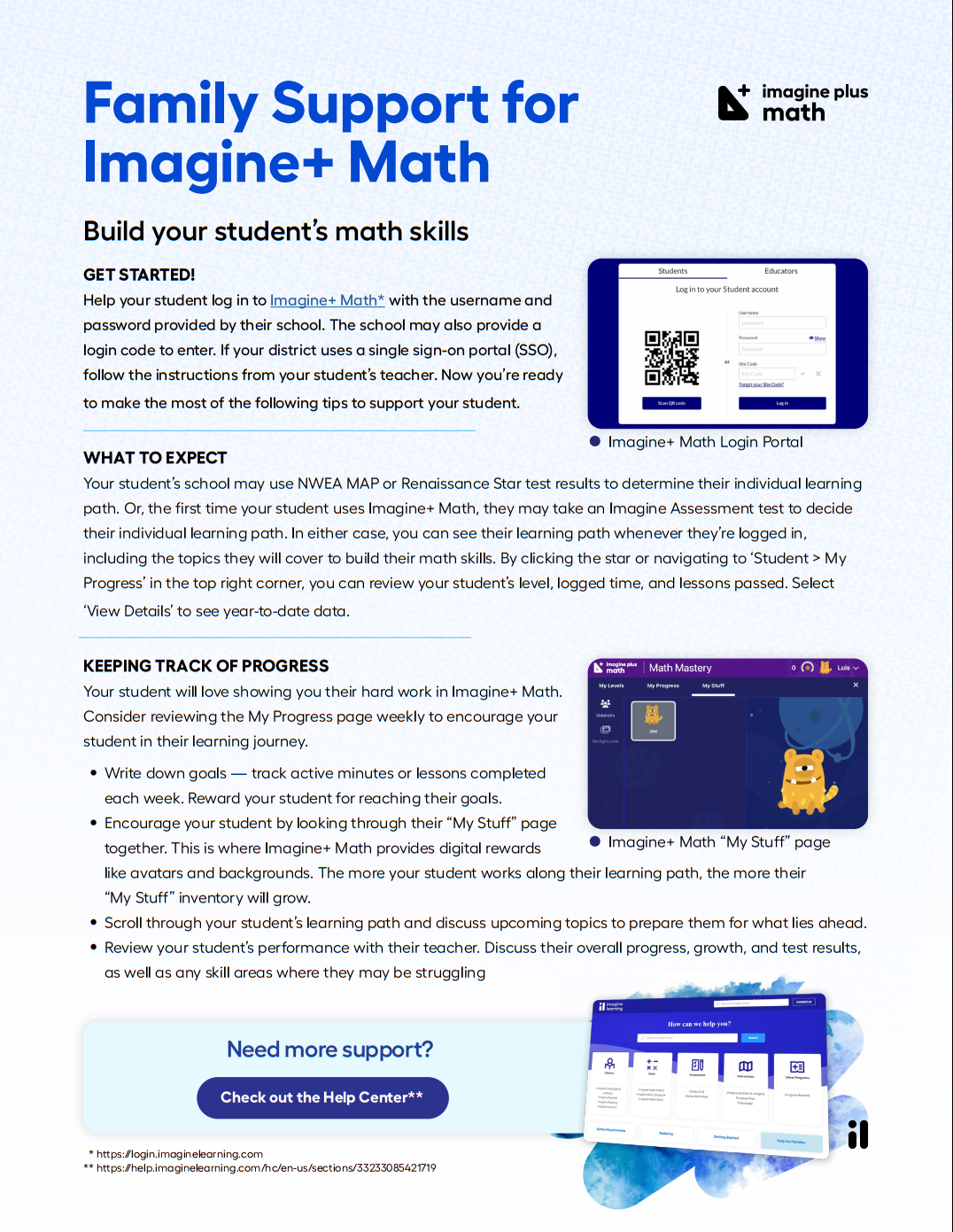 Cover page of the Imagine+ Math Family Support flyer