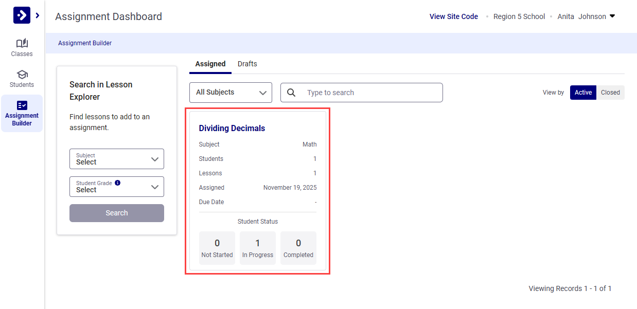 Assignment card on the Assignment Builder dashboard
