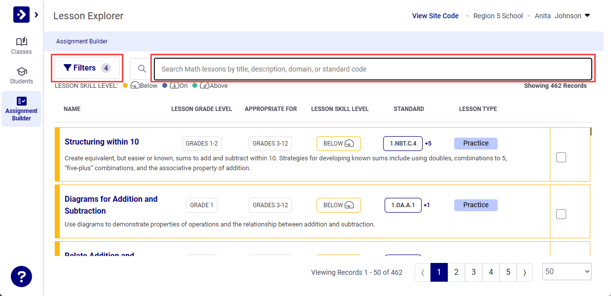 Filters and search field in Lesson Explorer