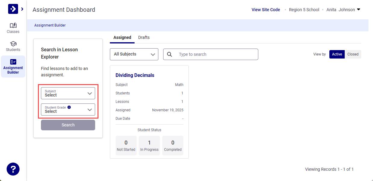 Subject and Student Grade filters in Lesson Explorer