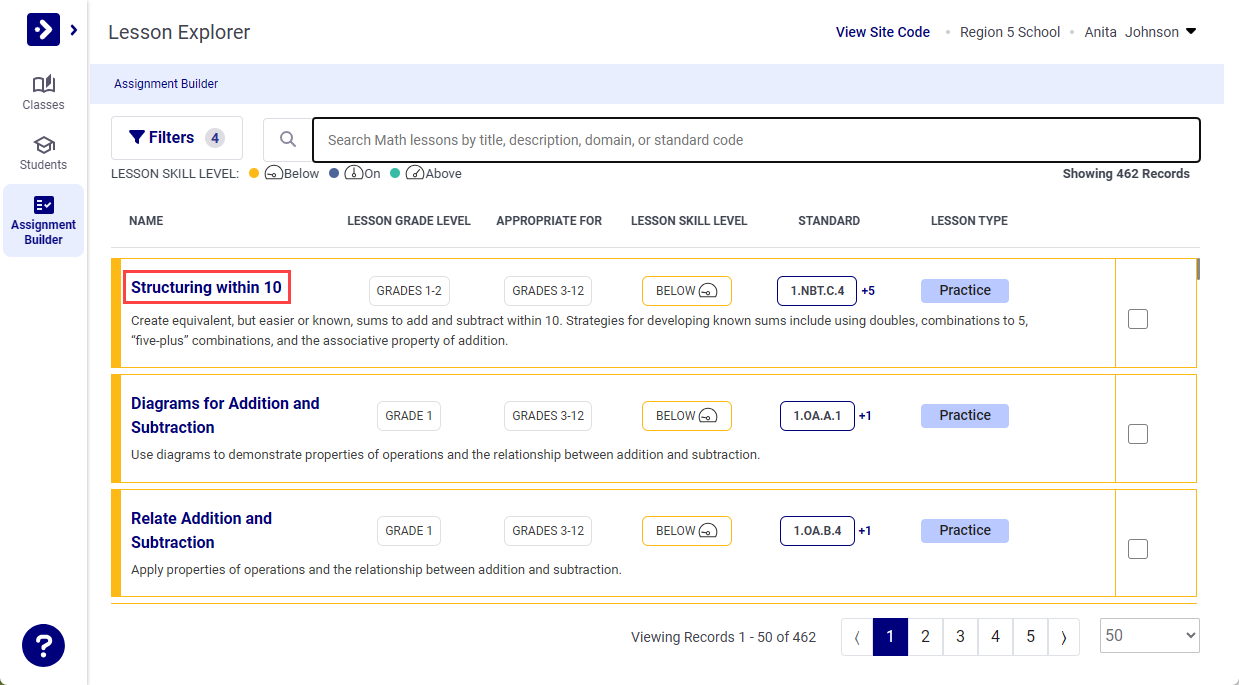 Lesson name link in Lesson Explorer