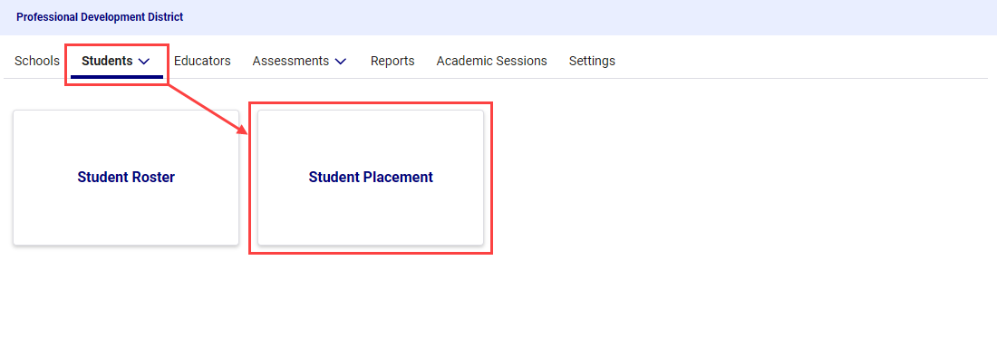 Student Placement tile on the Students page for district administrators